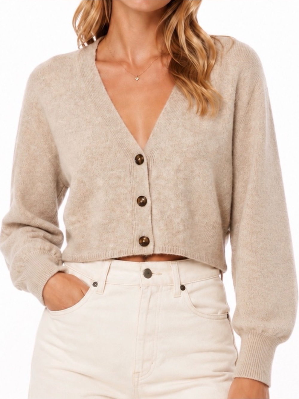 Reformation 100% Cashmere Cardigan Sweater Cropped Oatmeal Balloon Sleeve S